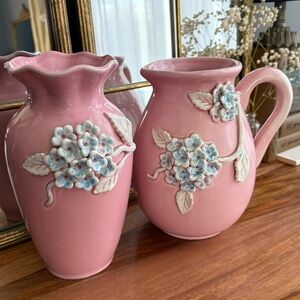 Pastel Pink Hydrangea Vintage Ceramic Pitcher Vase Set
